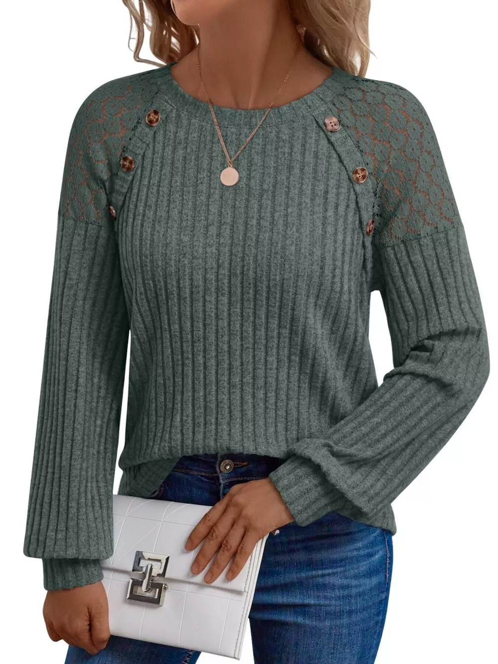 Ribbed Knit T-Shirt with Lace Shoulder Detail, image 11