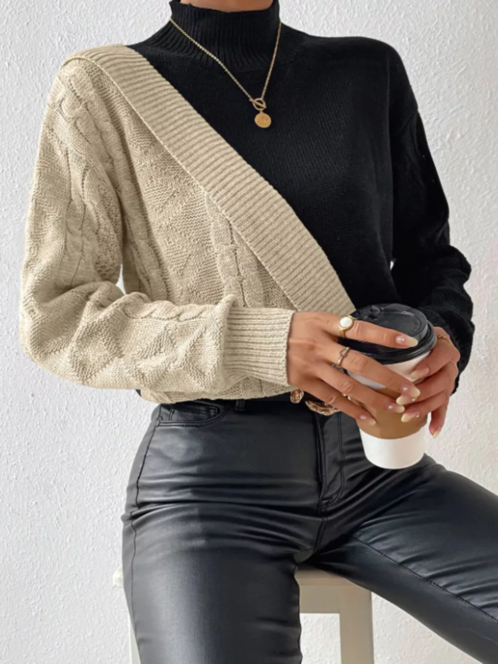 Color Block Cable Knit Mock Neck Sweater, image 5