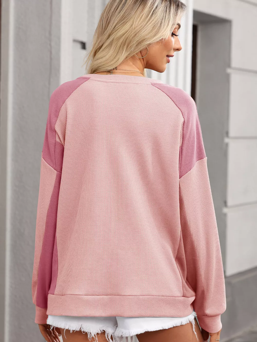 Color Block Waffle High Low Raglan Sleeve Sweatshirt, image 2