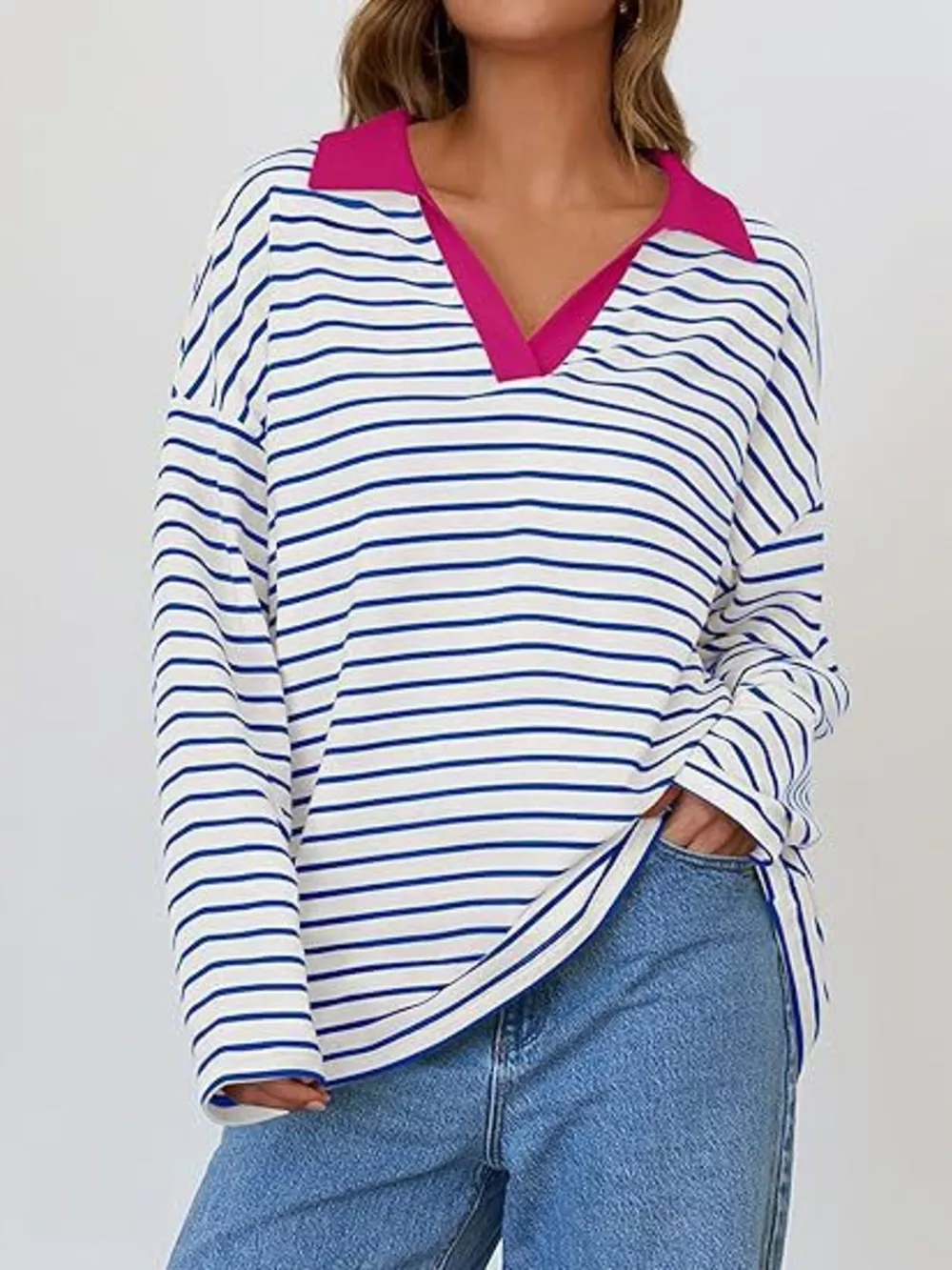 Striped Contrast Collar Long Sleeve Top, image 10