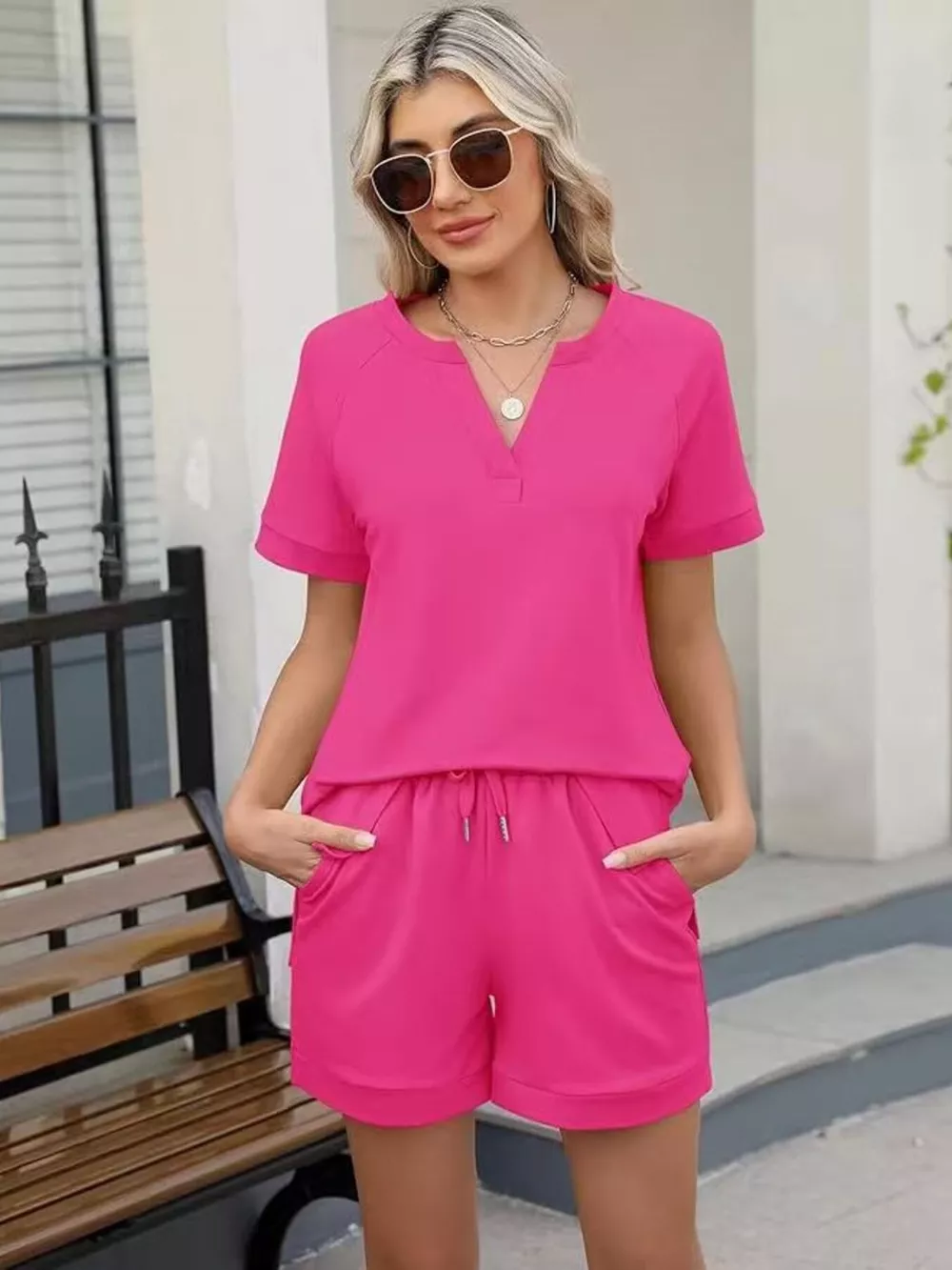 Solid Color Short Sleeve Top and Shorts Two-Piece Set, image 21