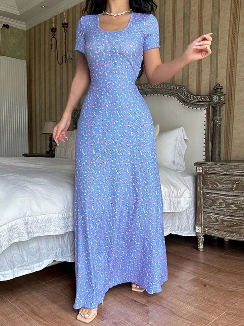 Floral Print Short Sleeve Maxi Dress, image 2