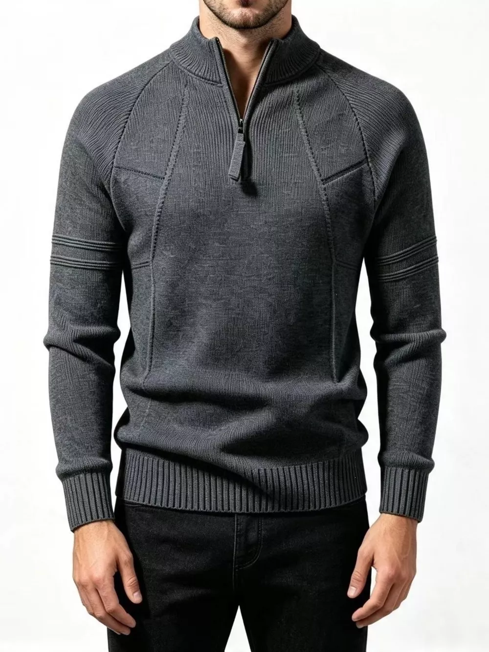 Men's Plus Size Quarter-Zip Ribbed Knit Sweater, image 2
