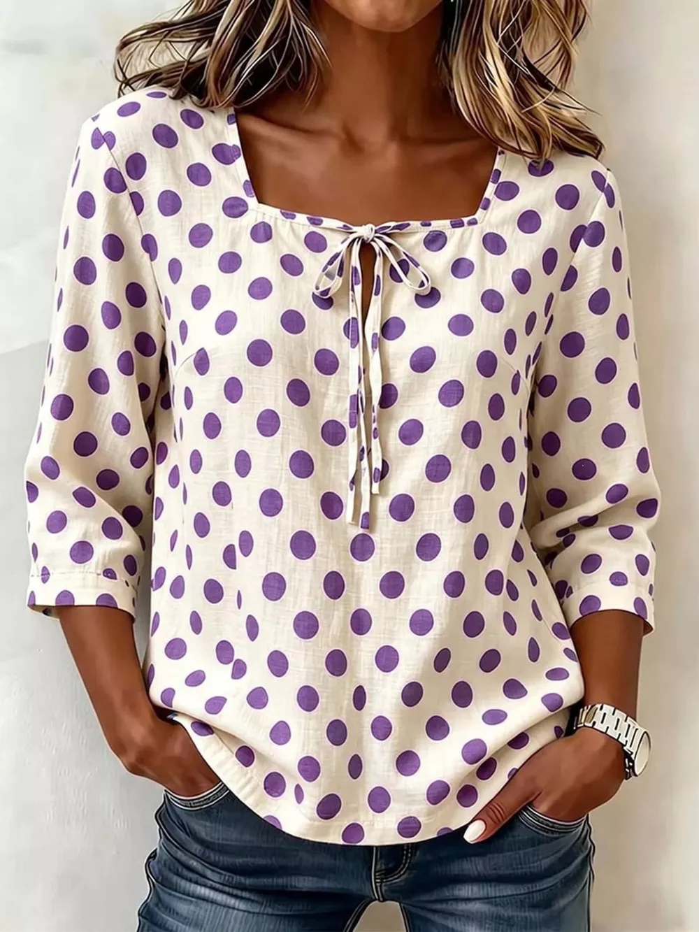 Full Size Square Neck Polka Dot Blouse Plus Size, image 5
