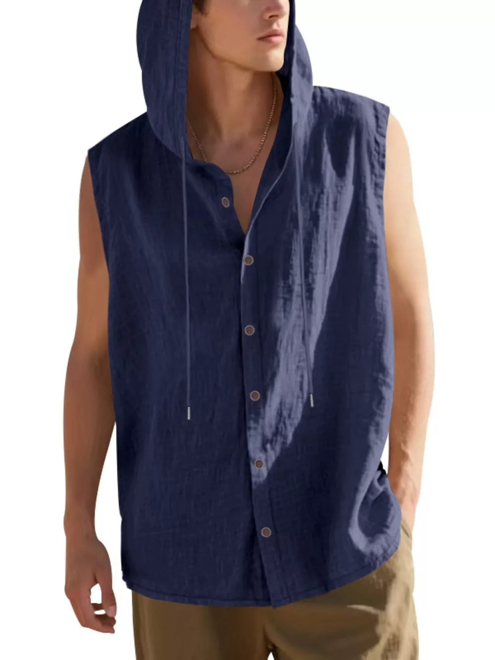 Men's Full Size Casual Sleeveless Hooded Button-Down Top Plus Size, image 15