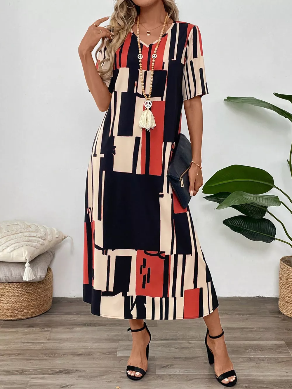 Abstract Geometric Print V-Neck Midi Dress, image 4