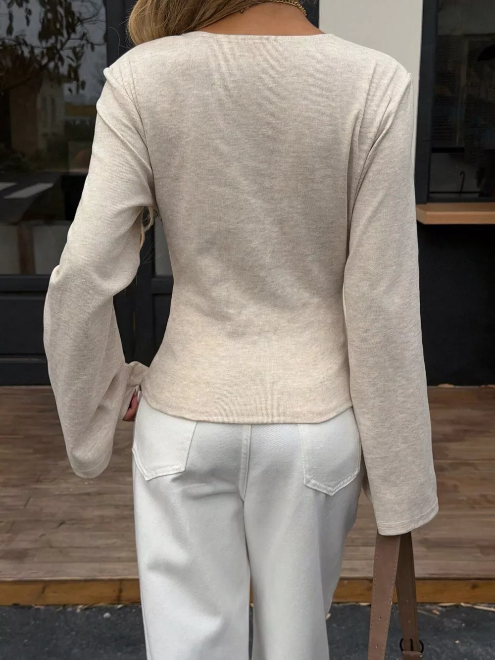 Elegant V-Neck Wrap Asymmetrical Blouse with Flared Sleeves, image 14