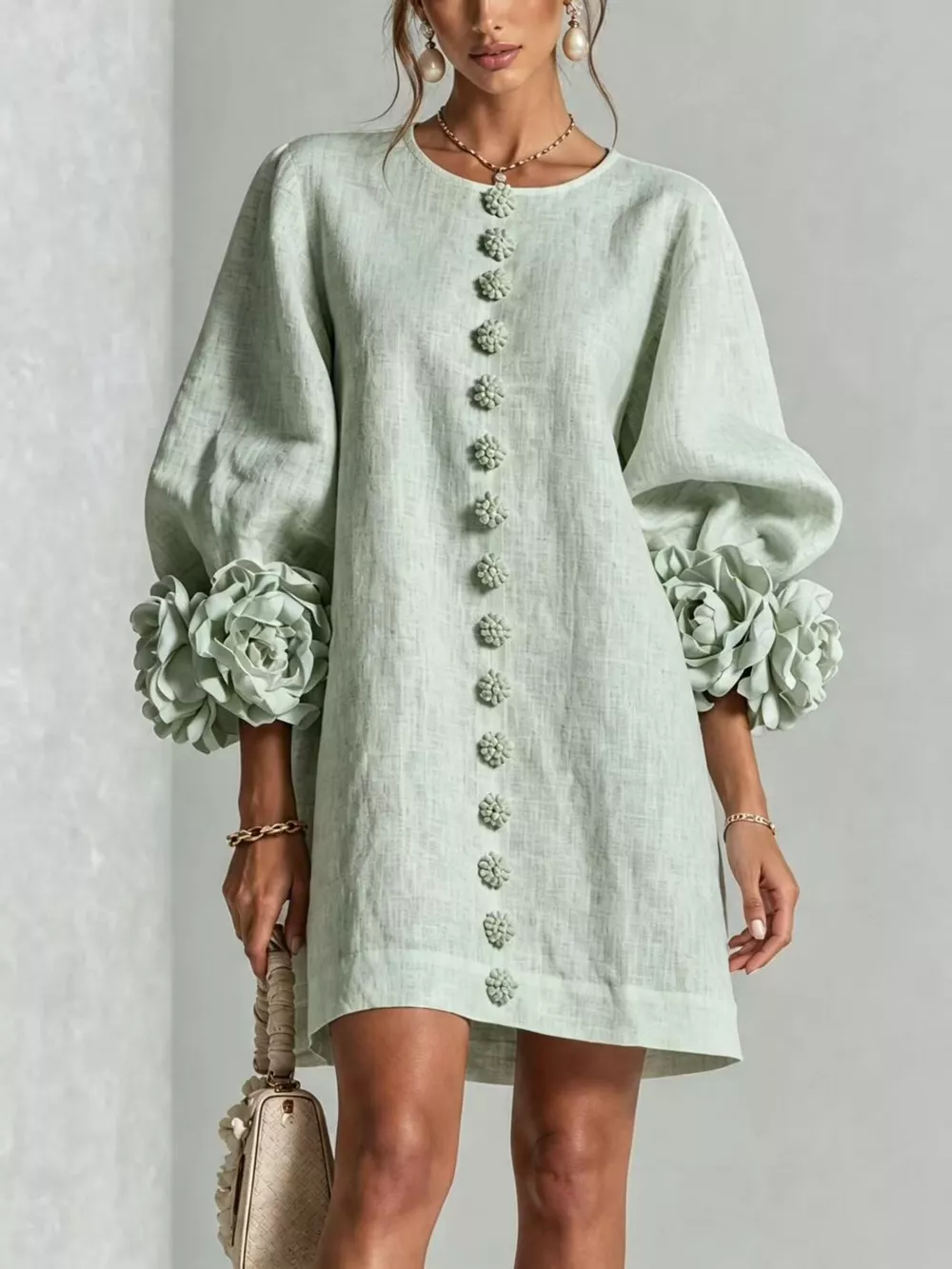 3D Floral 3/4 Sleeve Mini Dress, image 9