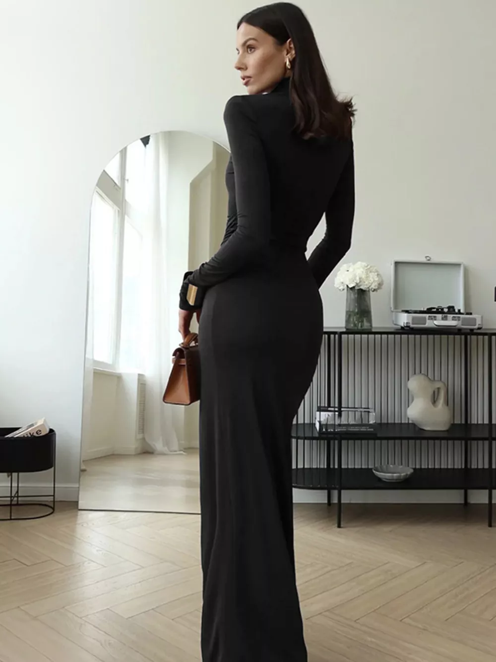Turtleneck Long Sleeve Tie Waist Maxi Dress, image 17
