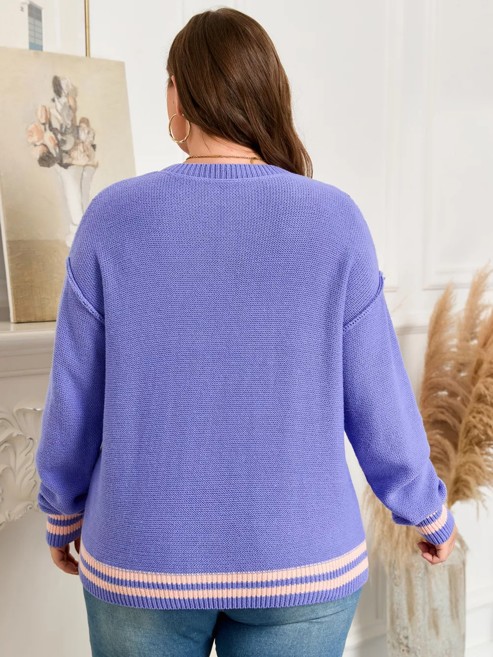Plus Size Striped Trim Drop Shoulder Knit Loose Sweater, image 3