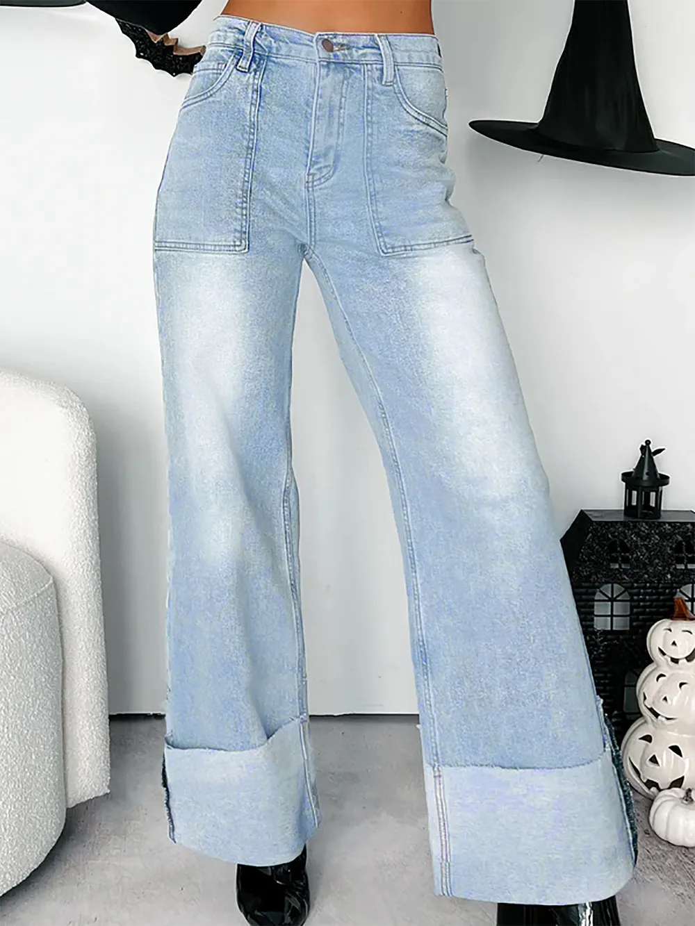 High-Waisted Wide-Leg Jeans with Cuffed Hem, image 3