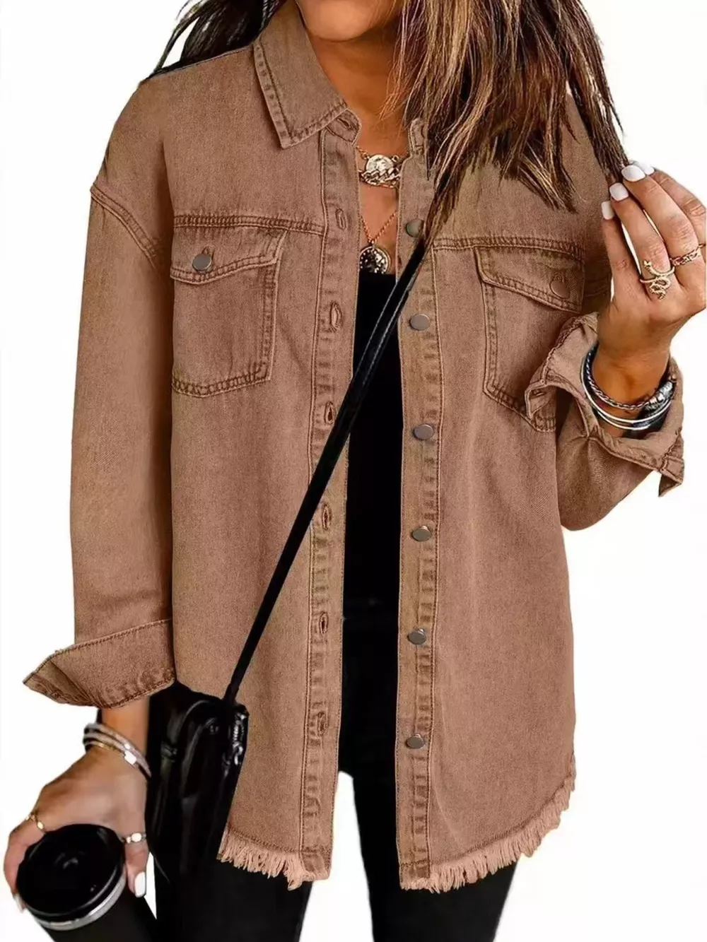 Frayed Hem Button Up Denim Jacket, image 3