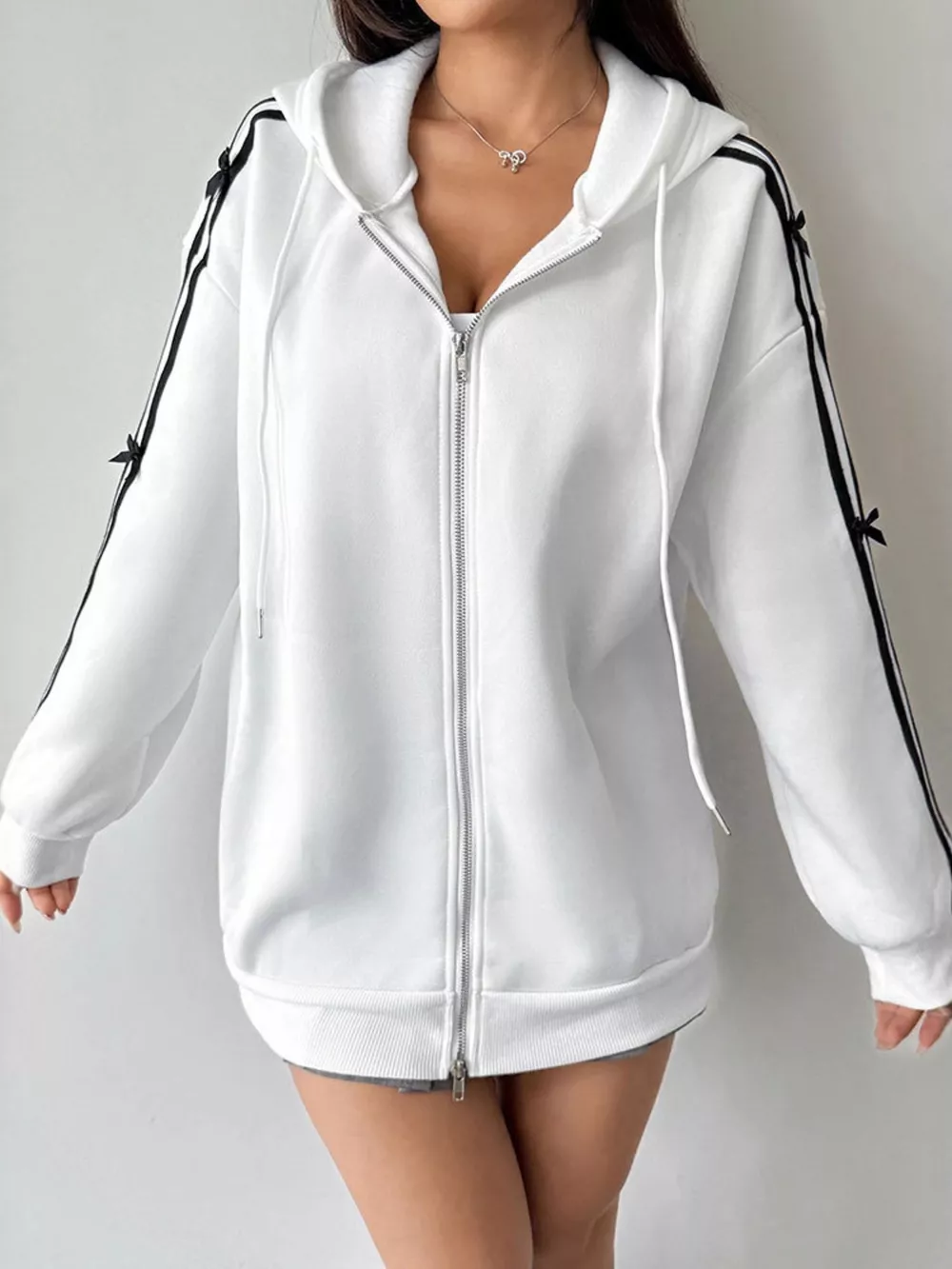 Striped Sleeve Zip-Up Drawstring Hoodie, image 8