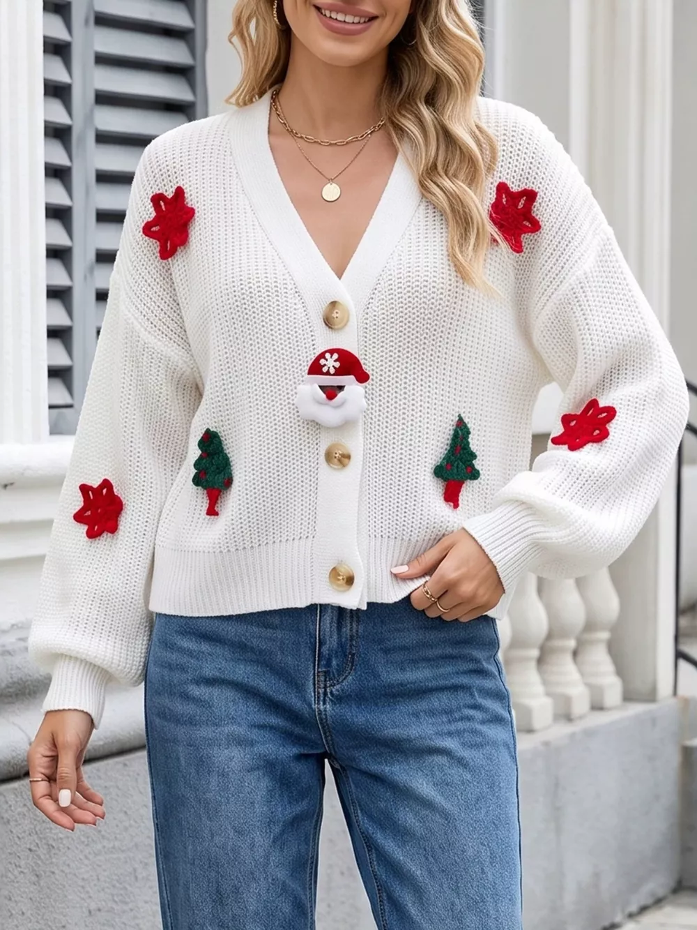 Festive Christmas Applique V-Neck Knit Cardigan