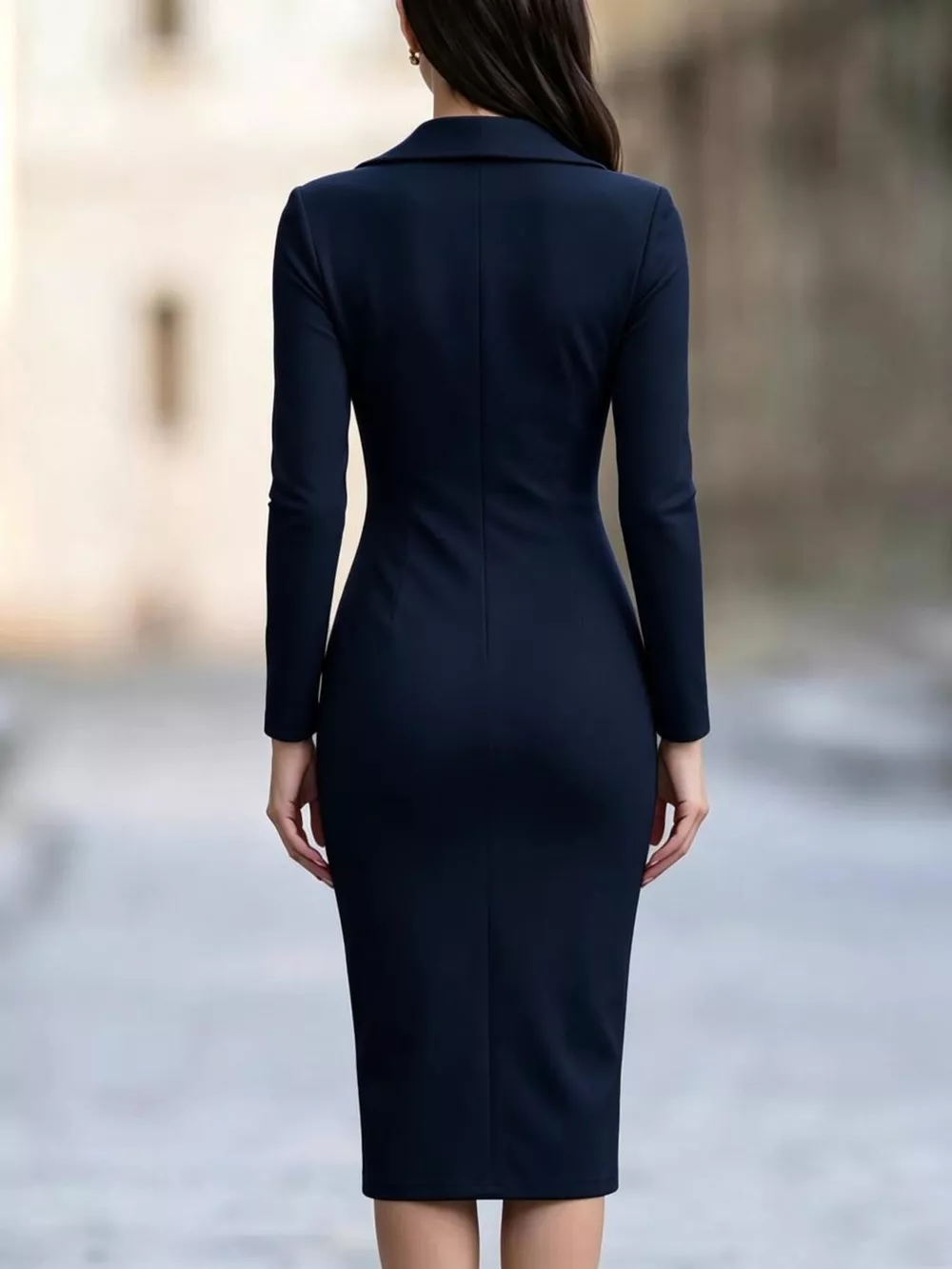 Elegant Asymmetric Zipper Lapel Bodycon Midi Dress, image 8