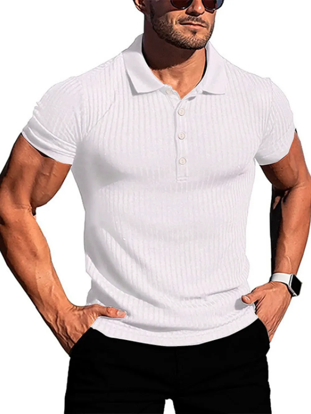 Men's Full Size Ribbed Button Detail Short Sleeve Polo Plus Size, image 2