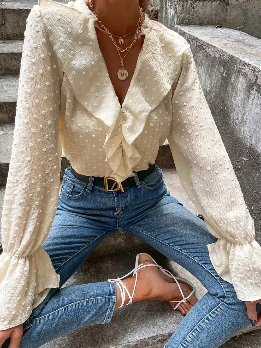 Elegant Ruffled Swiss Dot Blouse, image 4