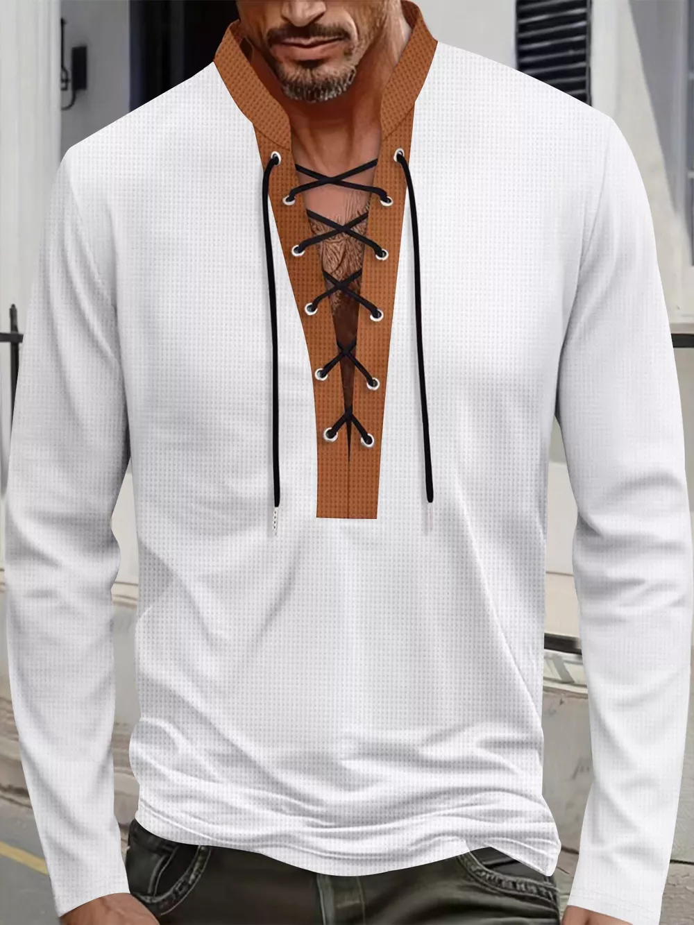 Men's Full Size Vintage Lace-Up Long Sleeve T-Shirt Plus Size, image 11