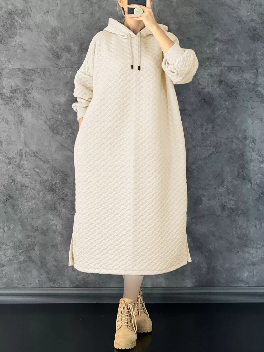 Textured Knit Hoodie Dress with Side Slit, image 2