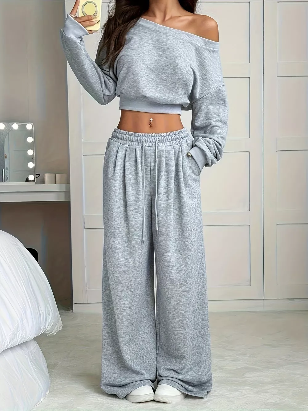 Full Size Boat Neck Crop Top & Wide Leg Pants Set Plus Size, image 4
