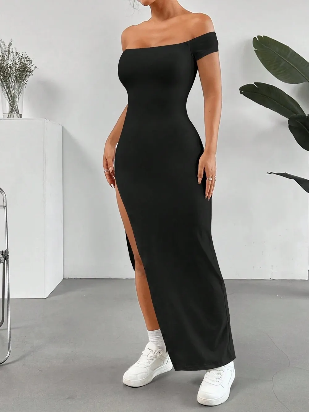 Off-Shoulder High Slit Bodycon Maxi Dress, image 3