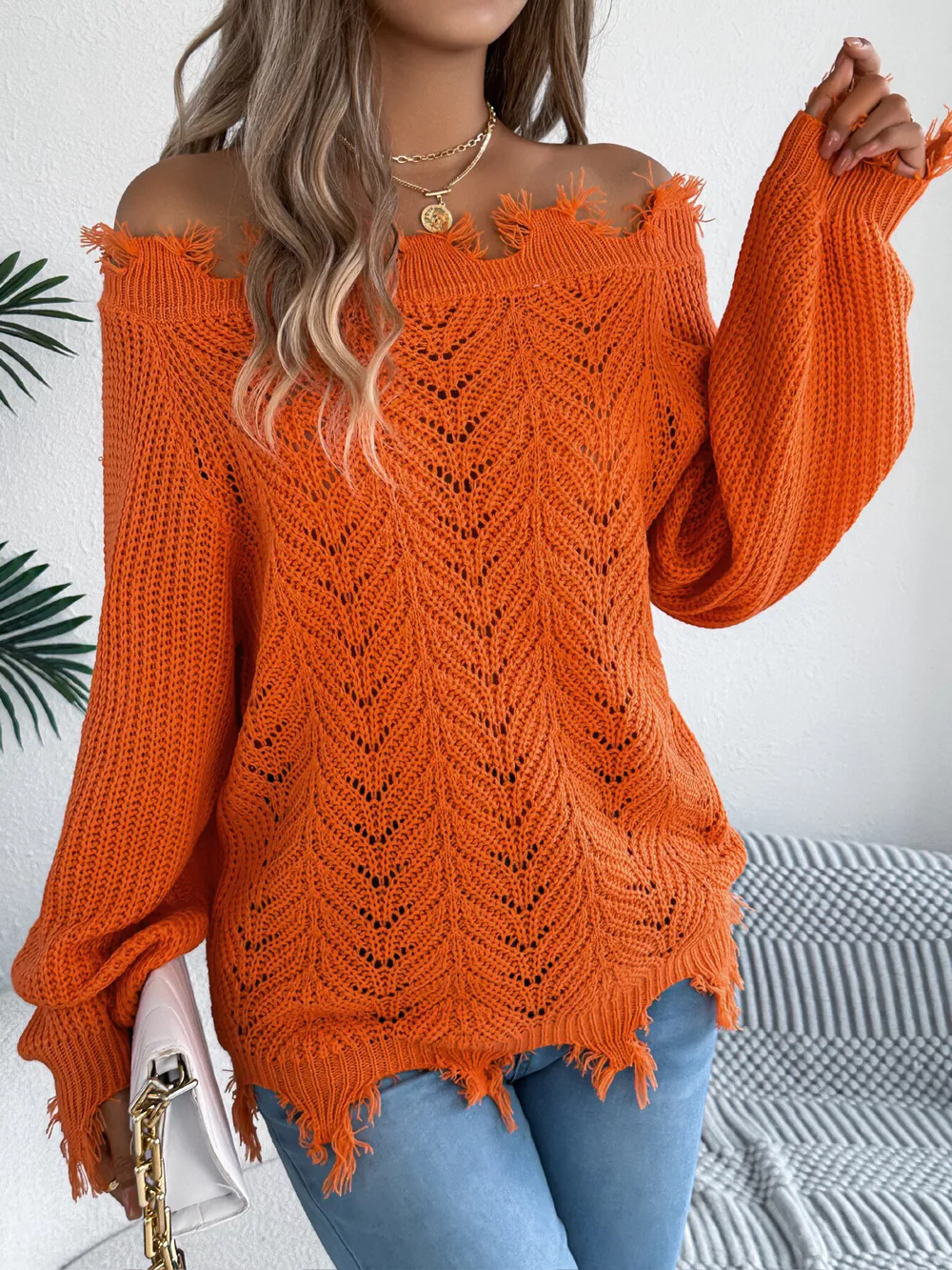 Distressed Hem Openwork Off-Shoulder Sweater, image 9
