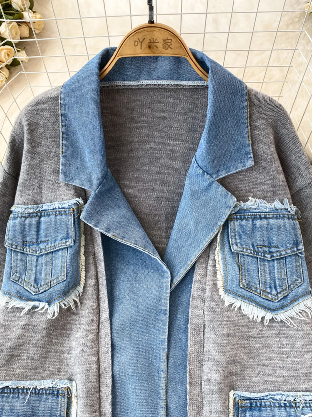 Raw Hem Denim Pocket Patchwork Cardigan, image 19