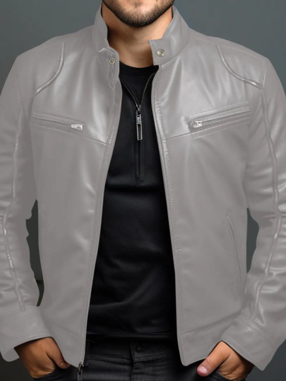Men's Full Size Leather Motorcycle Jacket with Zipper Front Plus Size, image 6