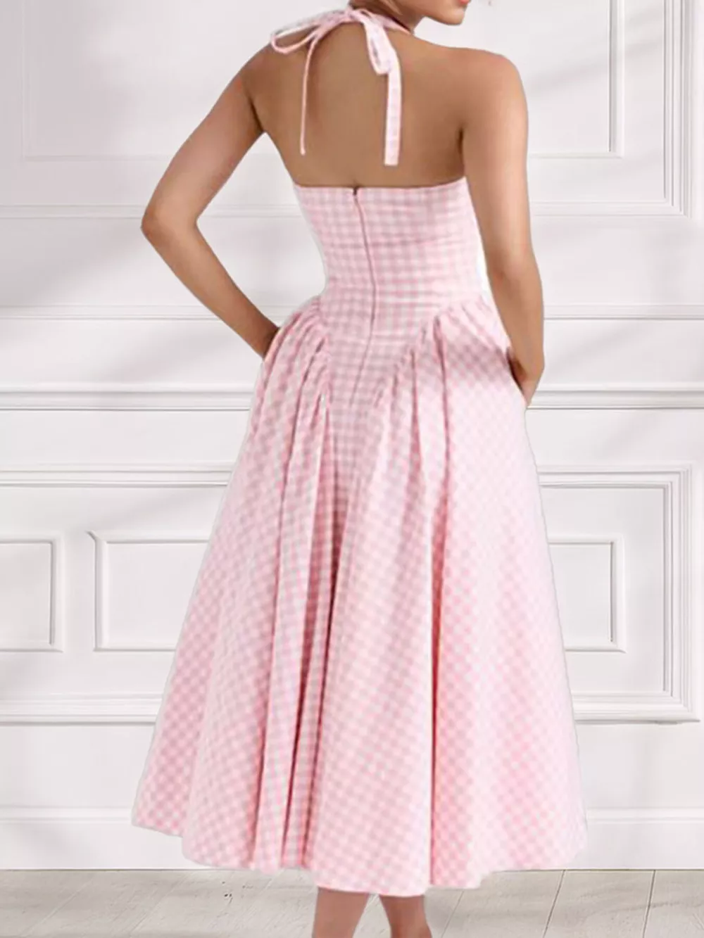 Full Size Gingham Halter Neck Maxi Dress Plus Size, image 4