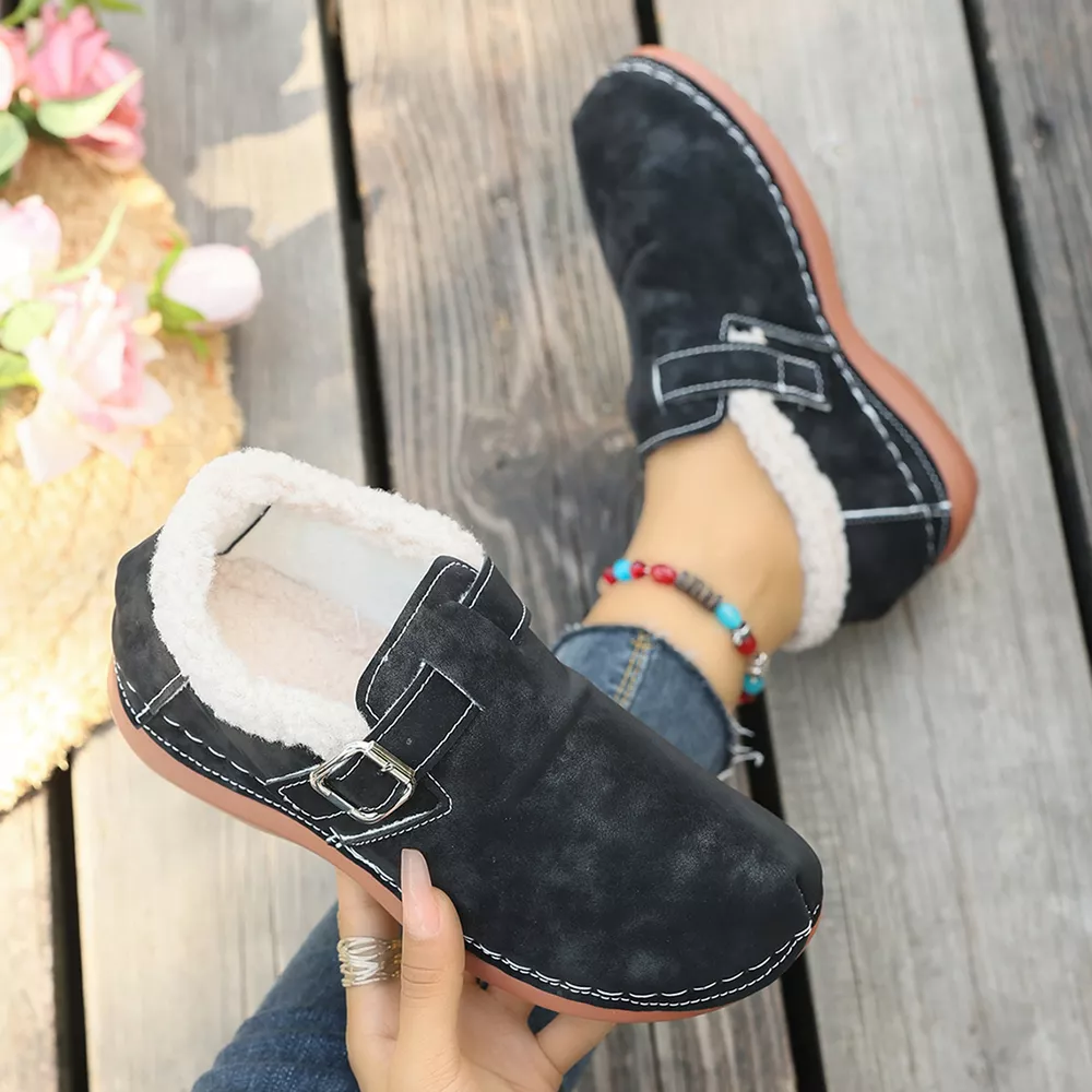 Faux Fur Lined Suede Loafers with Adjustable Buckle Strap, image 3