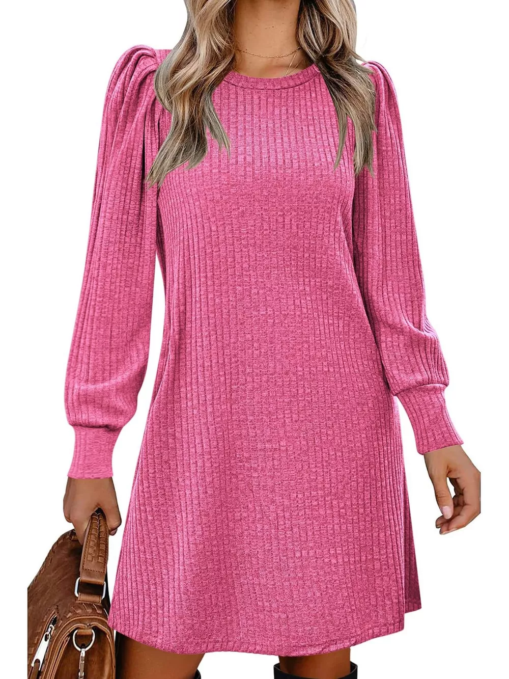 Ribbed Knit Puff Sleeve Casual Mini Dress, image 15