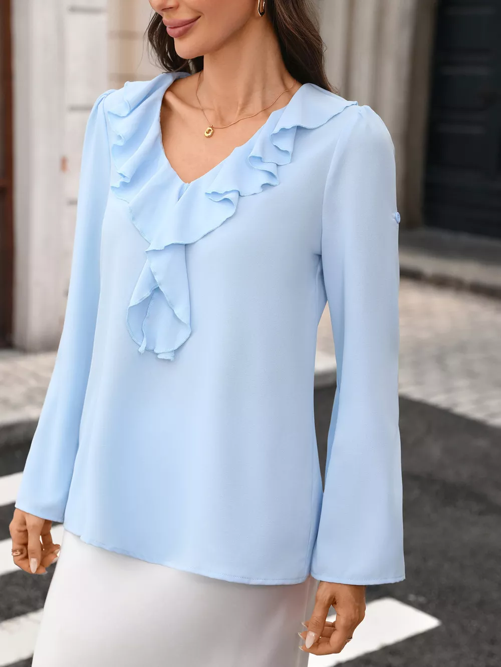 Ruffled V-Neck Roll-Up Sleeves Blouse, image 6