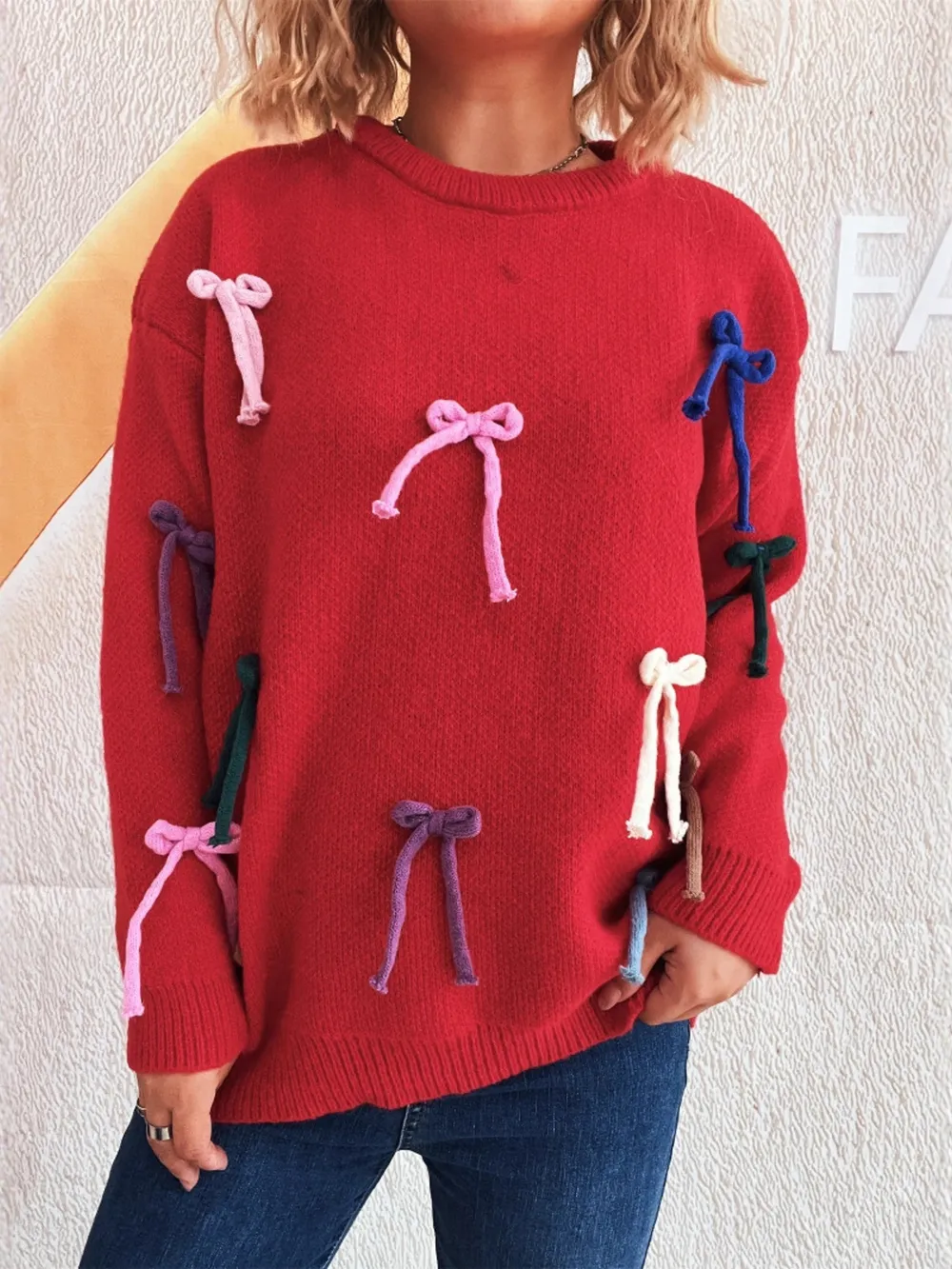 Colorful Bow Round Neck Sweater, image 19