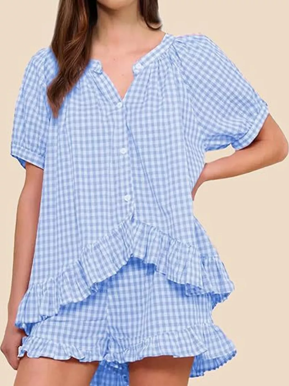 Gingham Ruffle Trim Top and Shorts Set, image 2
