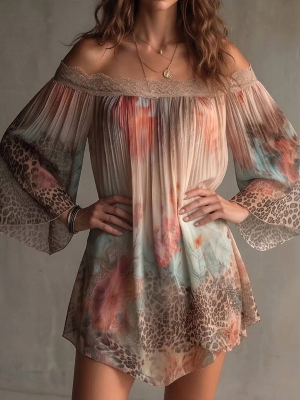 Off-Shoulder Lace-Trimmed Floral and Leopard Print Mini Dress, image 4