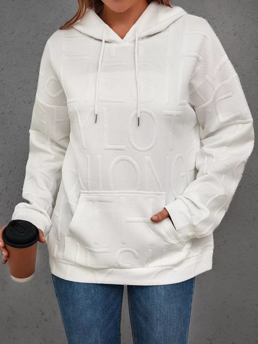 Full Size Textured Embossed Long Sleeve Hoodie Plus Size, image 2