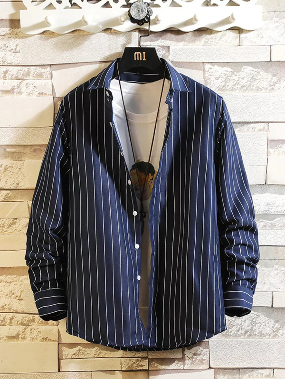 Men's Plus Size Striped Button Up Casual Shirt, image 6