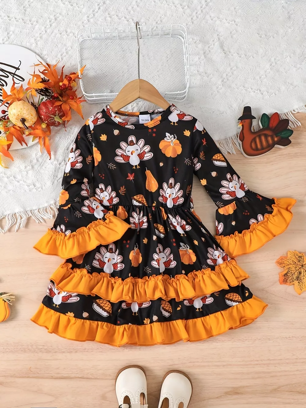 Children's Thanksgiving Turkey Print Ruffle Hem Long Sleeve Dress, image 2