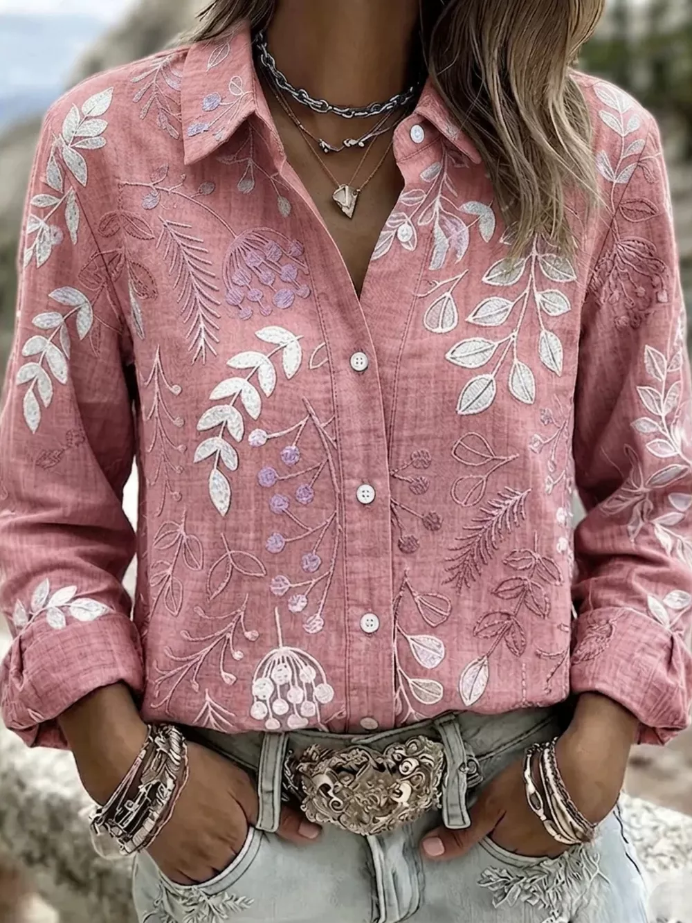 Full Size Leaf Embroidered Button-Down Shirt Plus Size, image 3