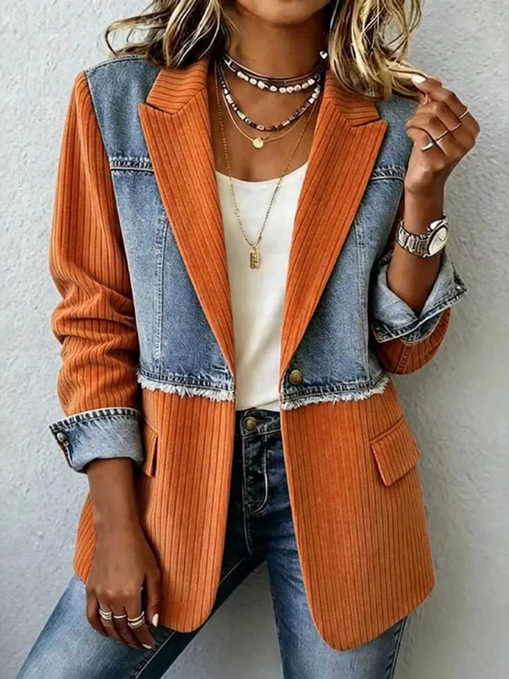 Full Size Patchwork Denim Ribbed Blazer Plus Size, image 8