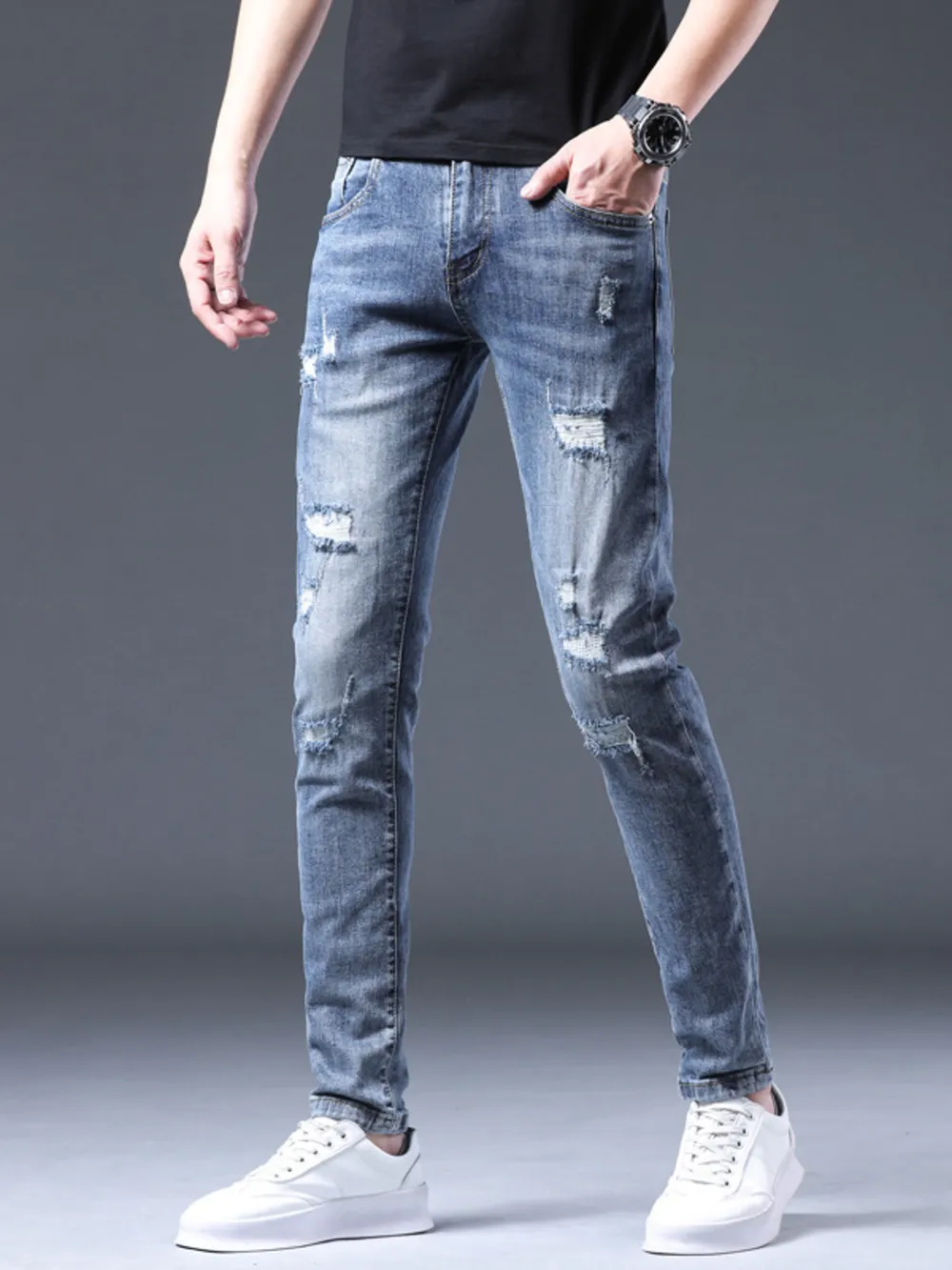Men's Distressed Slim Fit Ripped Jeans, image 2