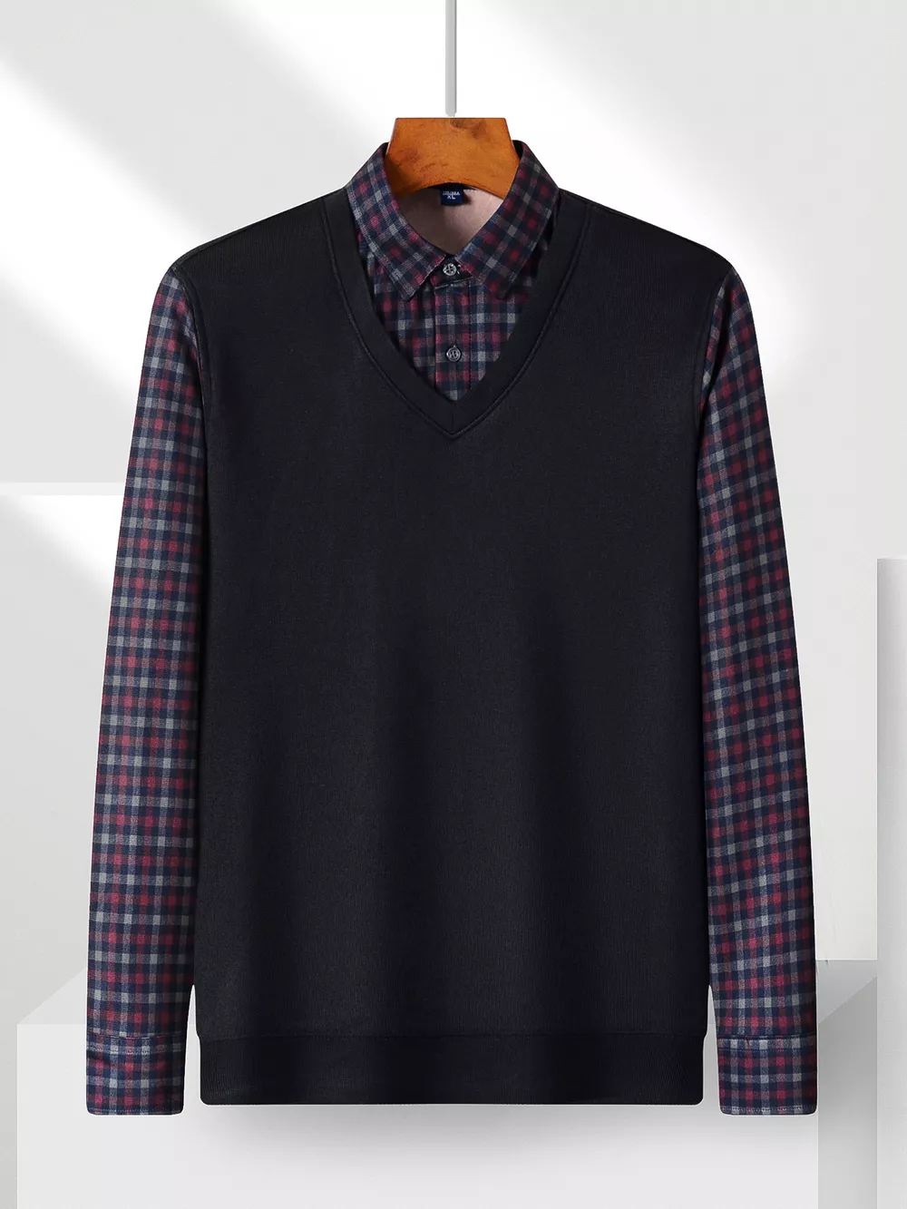 Men's Plus Size Striped Long Sleeve Fake Two-Piece Knit Top, image 7