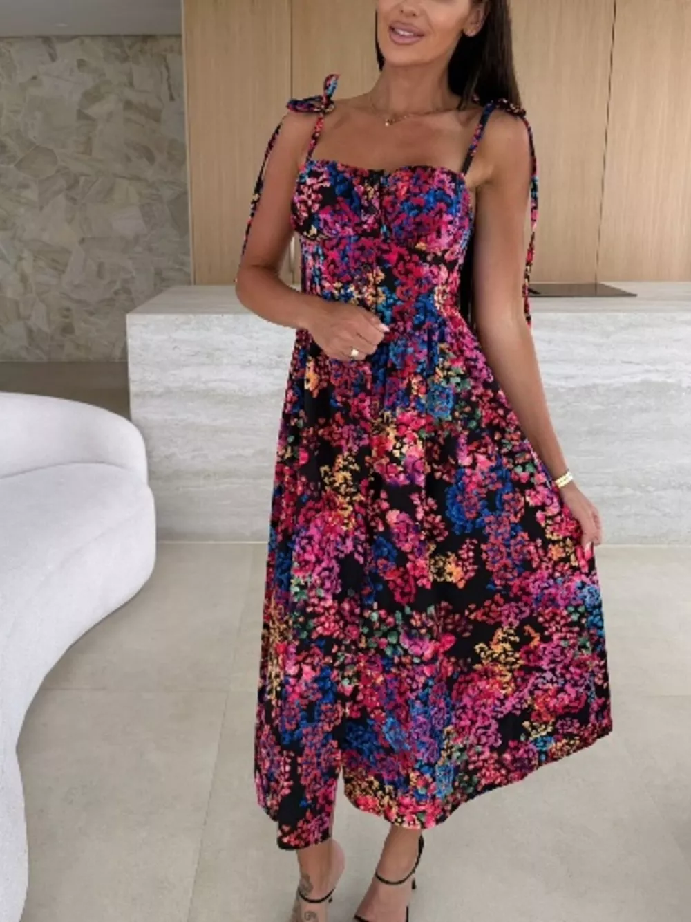 Printed Tie-Strap Midi Dress, image 2