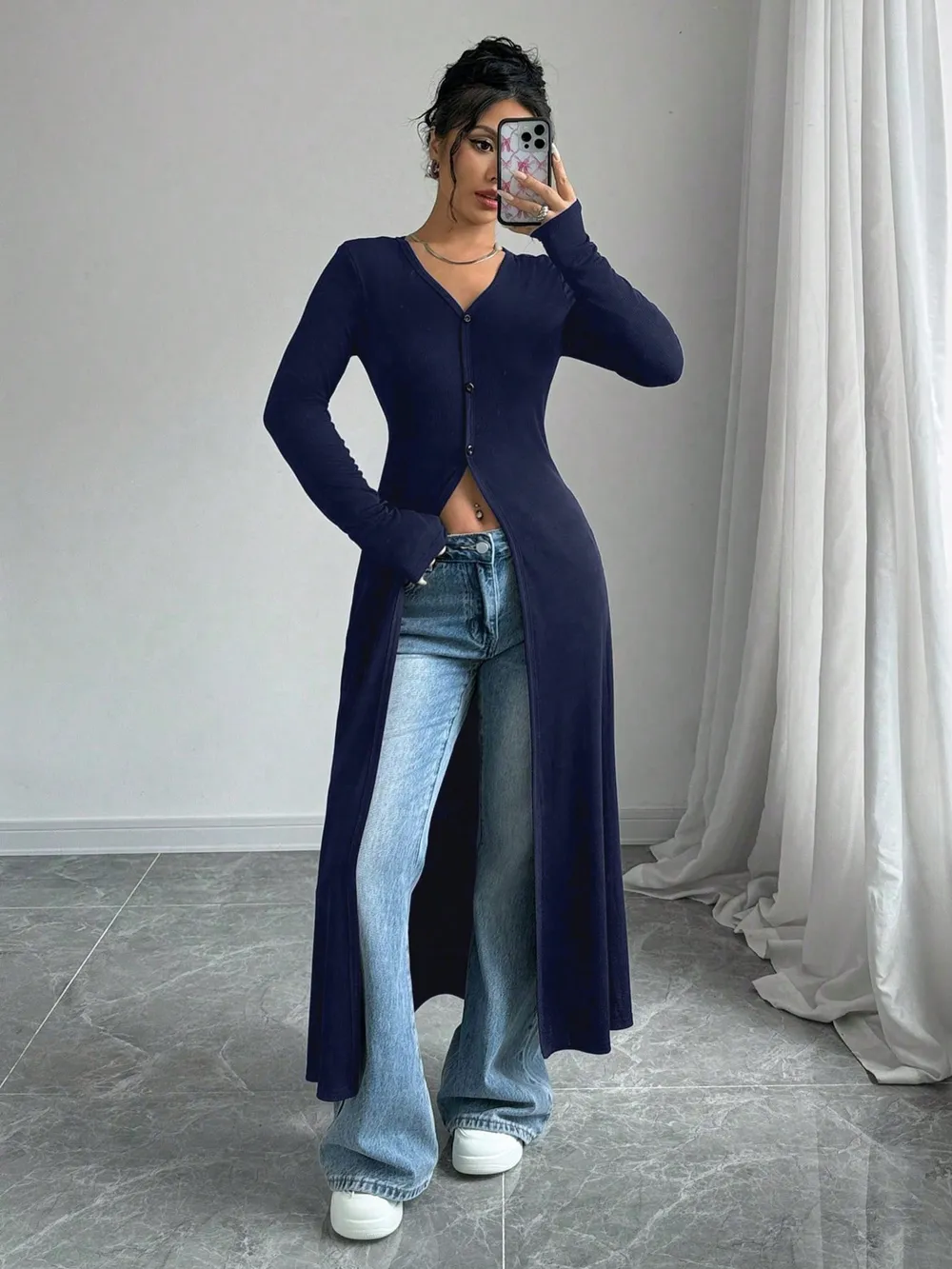 V-Neck Button-Front Longline Cardigan, image 3