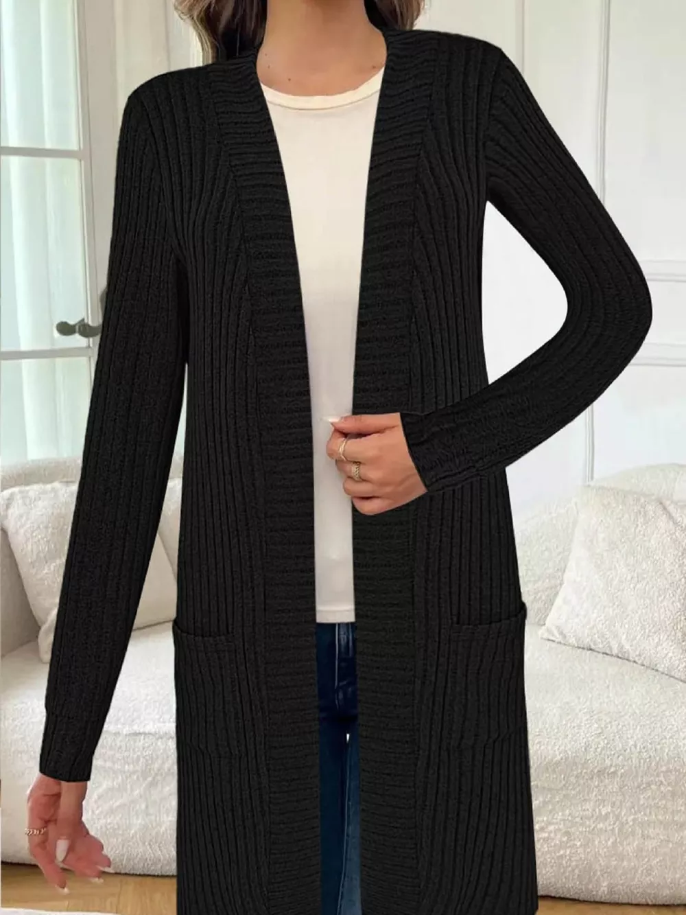 Ribbed Knit Open Front Cardigan, image 2