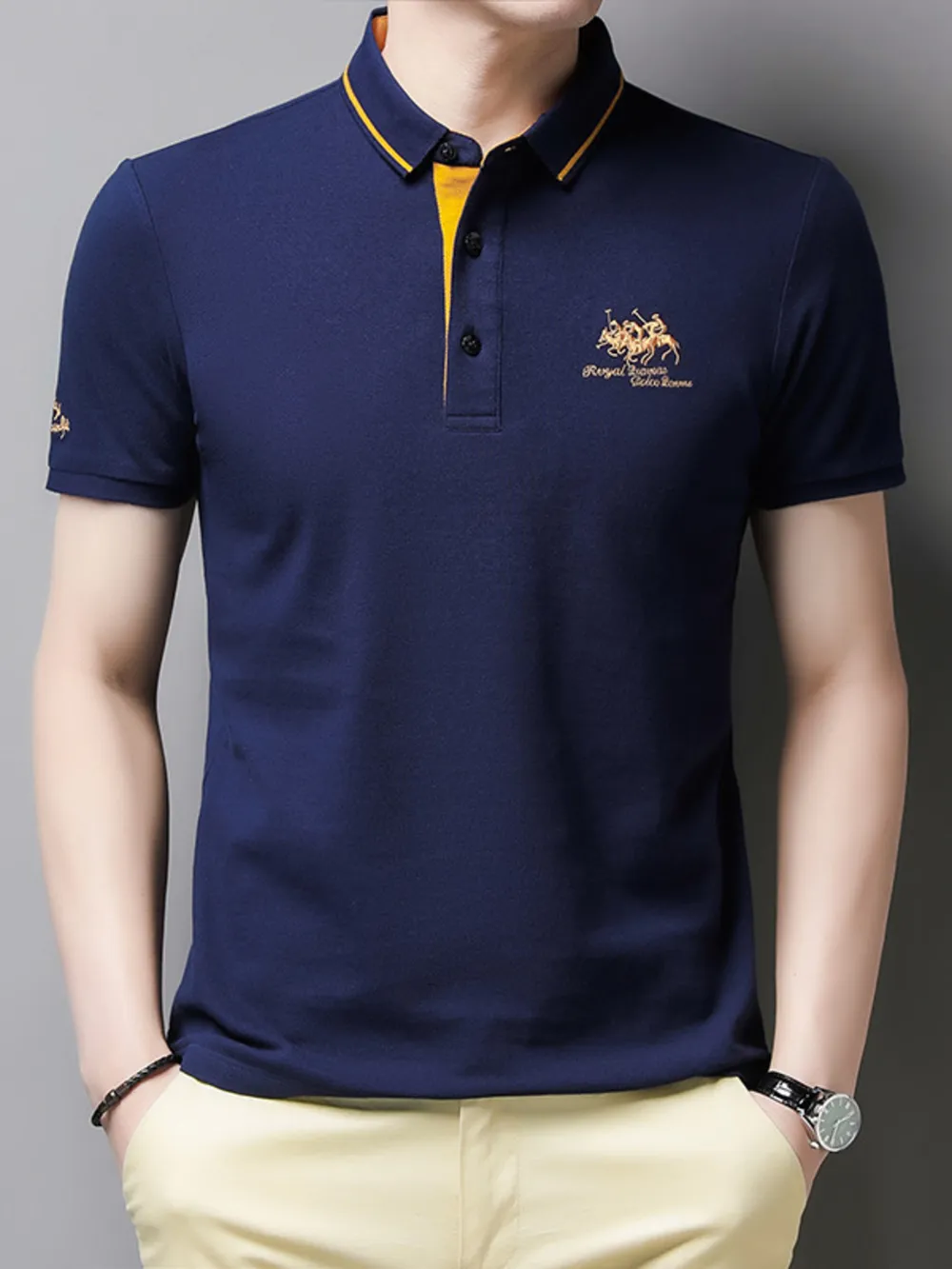 Men's Plus Size Embroidered Short Sleeve Contrast Polo, image 5