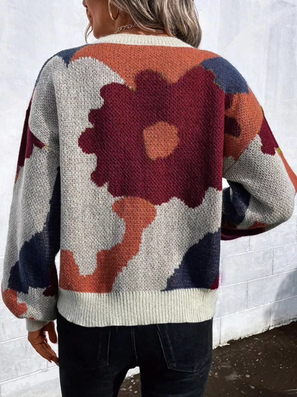 Floral Pattern Round Neck Sweater, image 3