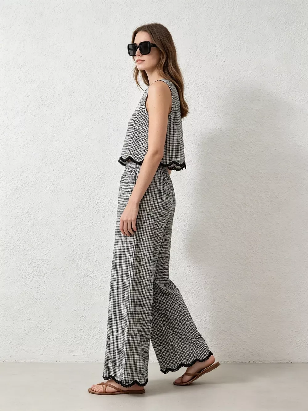 Plaid Scalloped Trim Tank and Pants Set, image 3