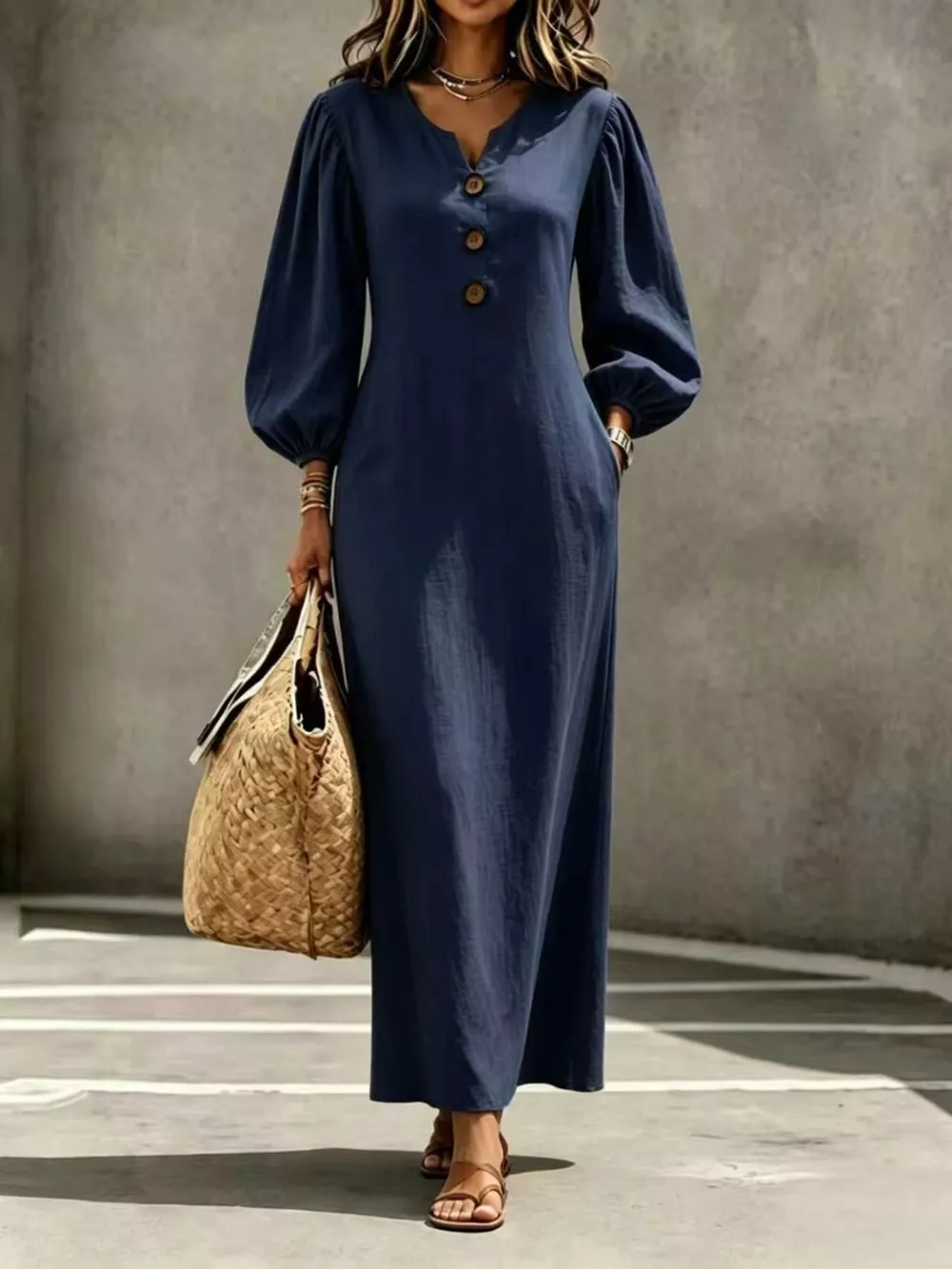 Decorative Button Balloon Sleeve Maxi Dress, image 7