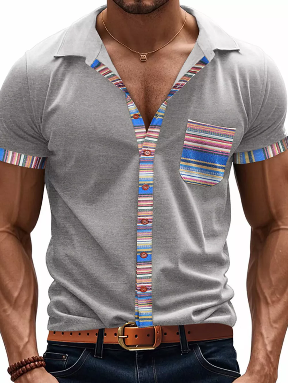 Men's Full Size Short Sleeve Shirt with Colorful Trim Plus Size, image 10